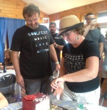 Mark Hall from Casting Crowns gets cake (Pauline knows how to cut cake!)